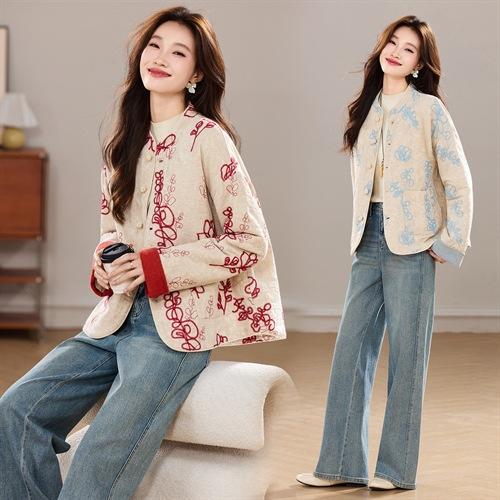 HR YBER635复古风棉服新中式立领重工刺绣双口袋宽松版时尚棉衣外套 商品图0