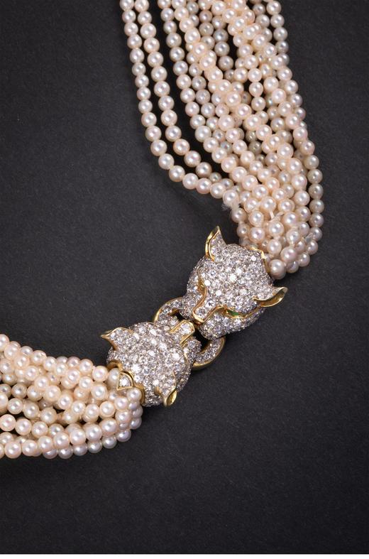 独角鹿西洋古董2000年代意大利出品「豹头」造型18K黄金镶嵌钻石多串式珍珠项链 商品图3