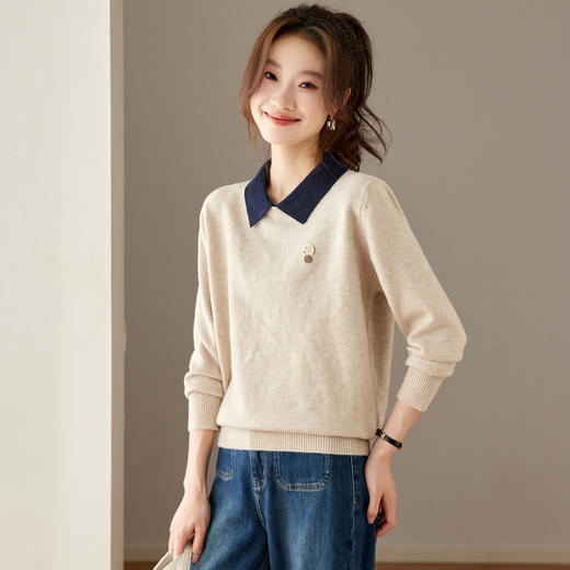 CC学院风翻领撞色毛衣女秋冬宽松减龄慵懒风娃娃领针织衫打底上衣厚 商品图0