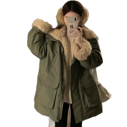 赵露思同款派克服冲锋衣女中长款羊羔绒加绒加厚拼接棉服外套 商品图4