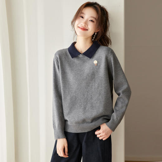 CC学院风翻领撞色毛衣女秋冬宽松减龄慵懒风娃娃领针织衫打底上衣厚 商品图1