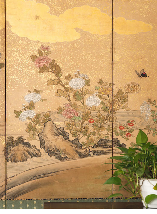 【已售】独角鹿西洋古董19世纪末日本明治时期出品「月下秋容」主题纸本金地六曲屏风 商品图4