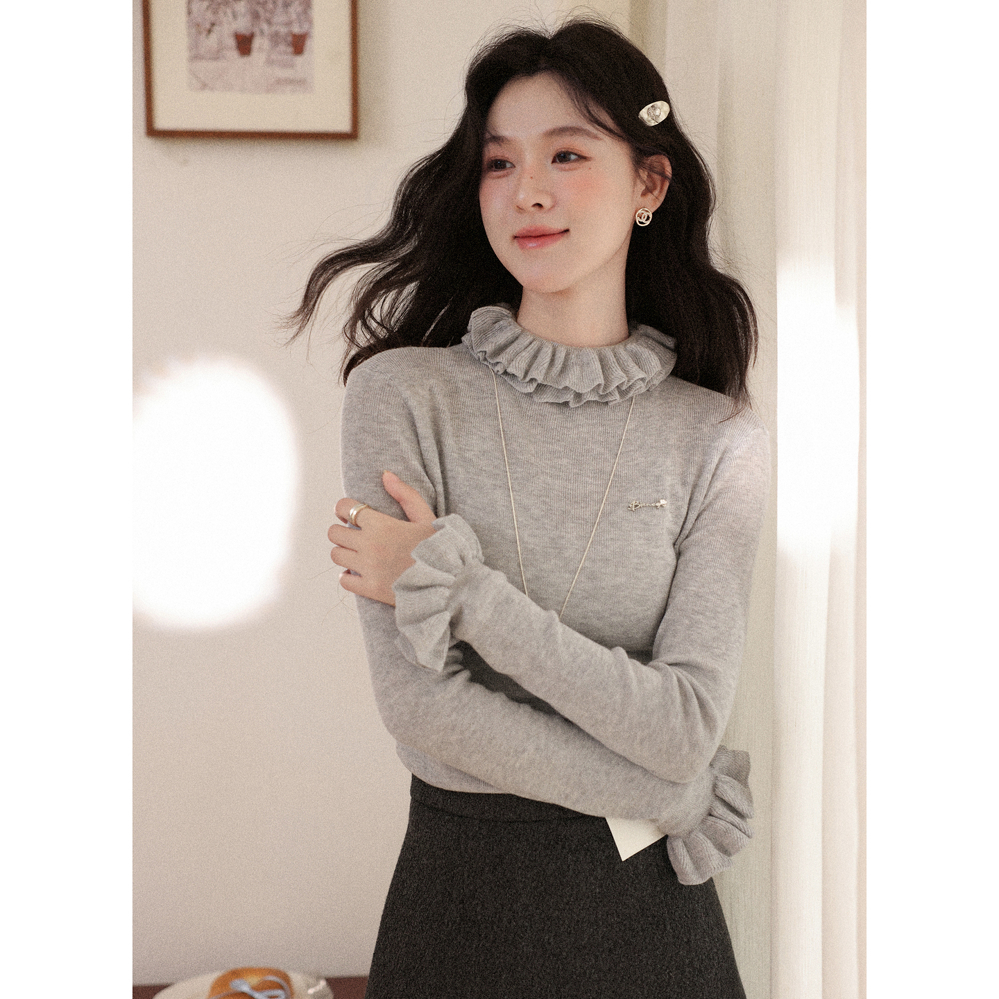 鹿向南「清雅定格」木耳边半高领长袖灰色针织衫女秋冬内搭打底衫