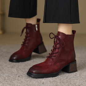 【预售5天】高跟方头系带单靴女英伦风短筒新款粗跟大码短靴马丁靴&H-5032