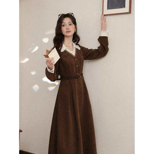 鹿向南「鎏光柏林」假两件咖色复古衬衫连衣裙女秋设计感法式长裙 商品图3
