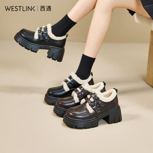 西遇加绒乐福鞋女新款冬季黑色增高厚底小皮鞋外穿保暖雪地靴V2457354 商品图0