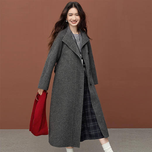 【11/26新品】熙世界【挪威雾灰色大衣】可拆卸腰带牛角扣立领羊毛呢外套女冬季 商品图4