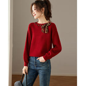 CC慵懒风圆领蝴蝶结豹纹飘带毛衣女宽松高级感针织衫好看打底上衣厚