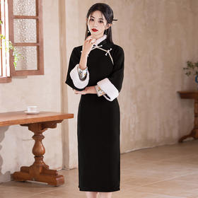 黑色加绒加厚冬装国风，新中式长袖改良旗袍SC20442