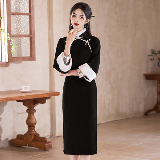 黑色加绒加厚冬装国风，新中式长袖改良旗袍SC20442 商品图0
