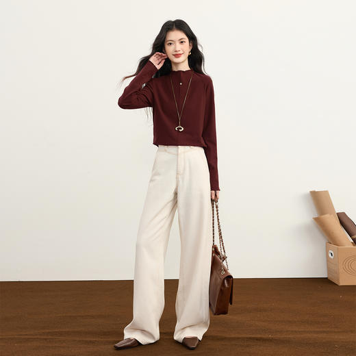 【11/26新品】熙世界莱赛尔红色长袖T恤上衣秋冬女装亲肤发热木耳边内搭打底衫 商品图2