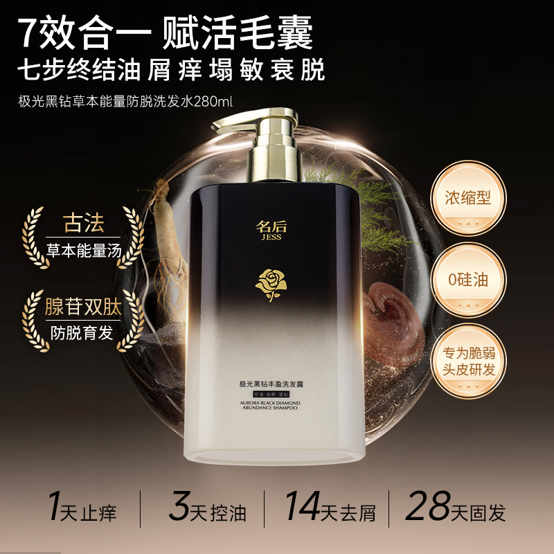 名后极光黑钻丰盈洗发露 | 26重浓缩精华，7步终结油屑痒塌敏衰脱，1天止痒、3天控油、14天去屑、28天固发