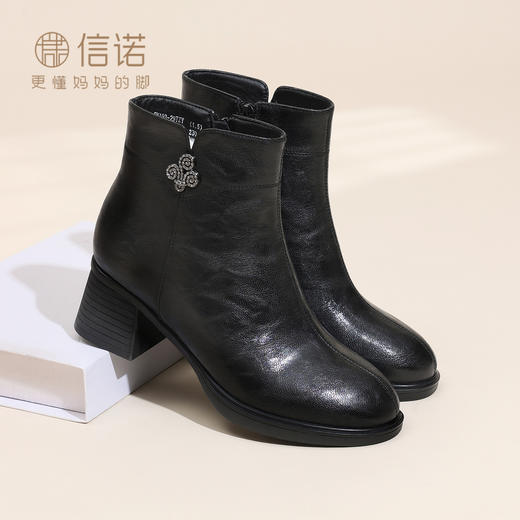 信诺羊毛妈妈棉鞋女百搭粗跟短靴中老年加绒保暖皮鞋2025冬季新款5M193-29TZY 商品图0