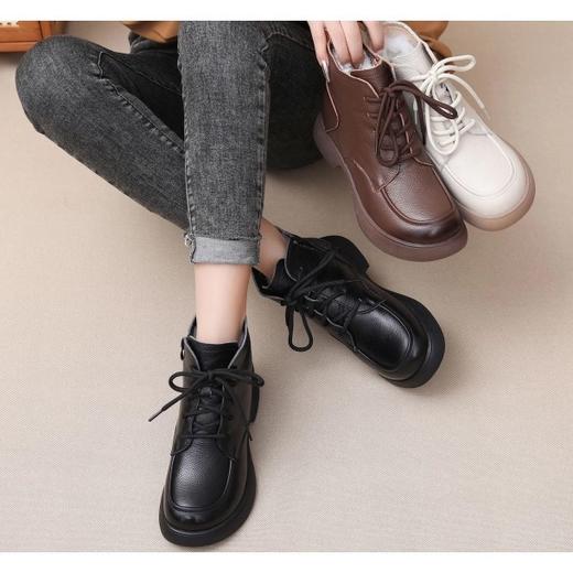 D112510头层牛皮真毛系带圆头侧拉链舒适百搭软底马丁靴 商品图0