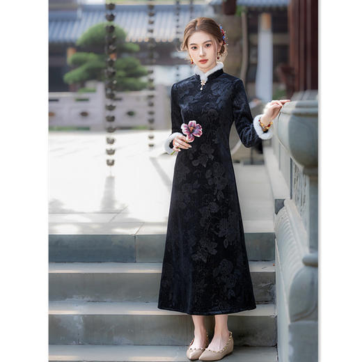 GX现代时尚改良新中式长款旗袍大摆裙2025冬季新款日常可穿长袖旗袍 商品图0