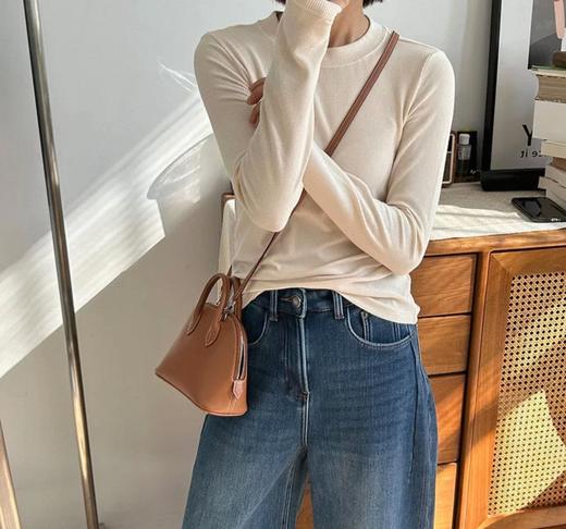 老米优品🎈3-5天！两个领型《一级抗起球！优可丝半高领/圆领打底衫》软乎乎的坑条打底tee, 显瘦又温柔！ T251125A 商品图0