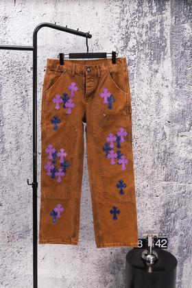 D112556限定牛王蓝紫十字拼皮棕色牛仔裤工装伐木裤