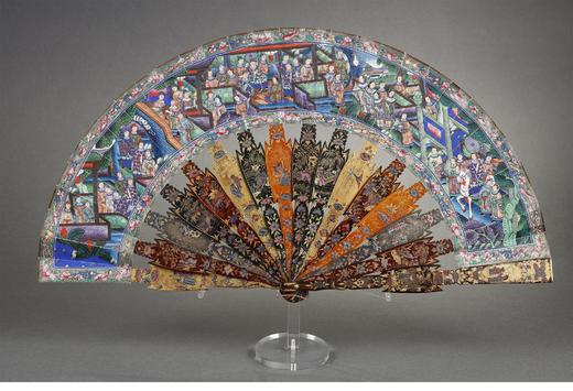 独角鹿西洋古董清代晚期十三行出品纸本彩绘「郭子仪拜寿图」髹漆描金骨折扇 商品图0