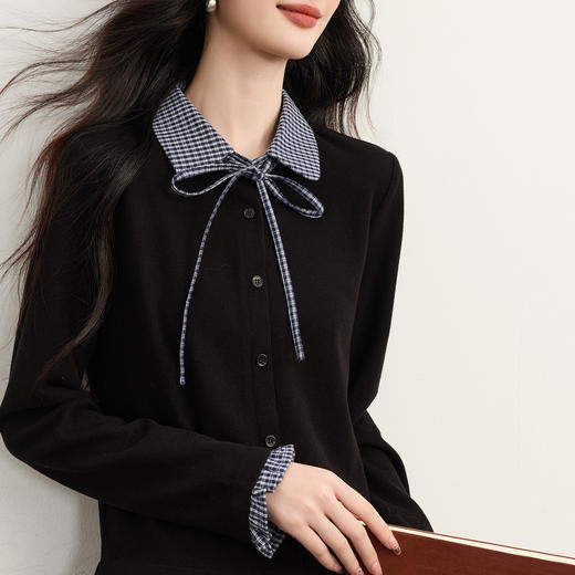 【周末秒杀】熙世界英伦学院风假两件针织开衫女2025年新款秋冬格纹Polo领上衣 商品图4