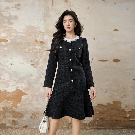 奢姿大码女装2025冬季减龄花边圆领连衣裙胖妹妹小香风时尚裙子9954853652 商品图1