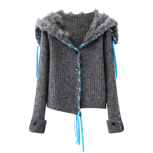 D112521新款现货慵懒重工织带编织狐狸毛大翻领针织开衫外套 商品图2