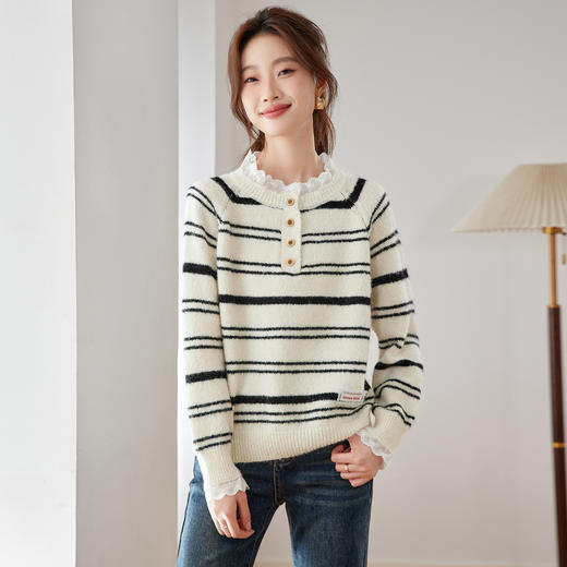 CC慵懒风蕾丝边圆领条纹毛衣女秋冬软糯内搭宽松套头针织衫打底上衣 商品图2