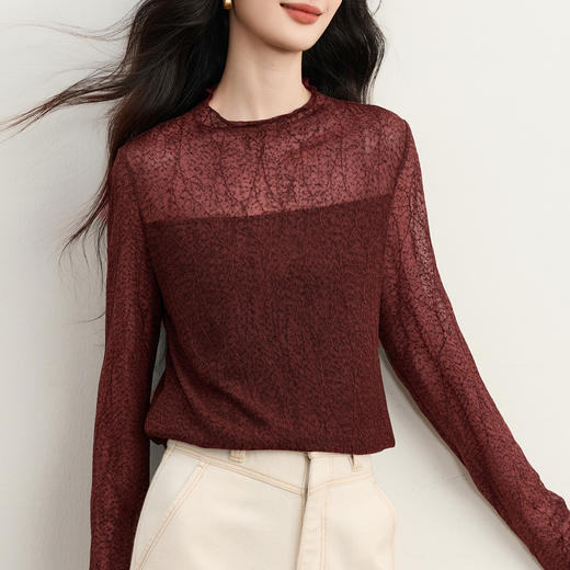 【周末秒杀】熙世界微透立体花纹蕾丝打底衫女2025年秋冬新款长袖修身内搭上衣 商品图4