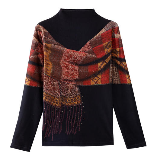 KQL 355H6550长袖半高领烫钻双面绒3D立体印花修身气质小衫 商品图4