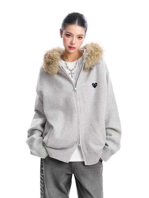 D112560慵懒随性时尚保暖灰色针织连帽外套 商品图5