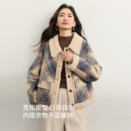 【11/26新品】熙世界小香风仿羊羔毛绒翻领格纹短外套女装冬季复古夹棉毛呢大衣 商品图2