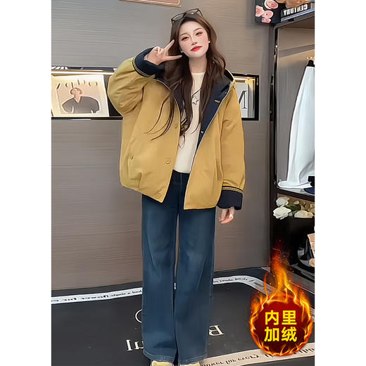 2025冬季新款撞色连帽加绒加厚棉服外套女短款宽松时尚休闲派克服 商品图2