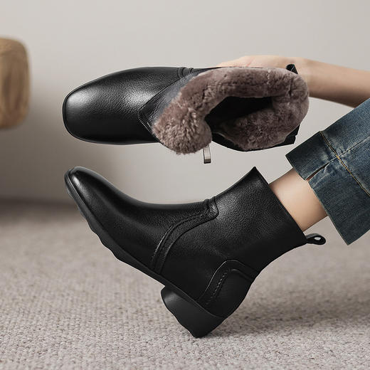 【预售5天】短靴秋冬季加绒加厚软底，方头粗跟真皮羊毛羊皮雪地靴ASZ*KL765M 商品图0