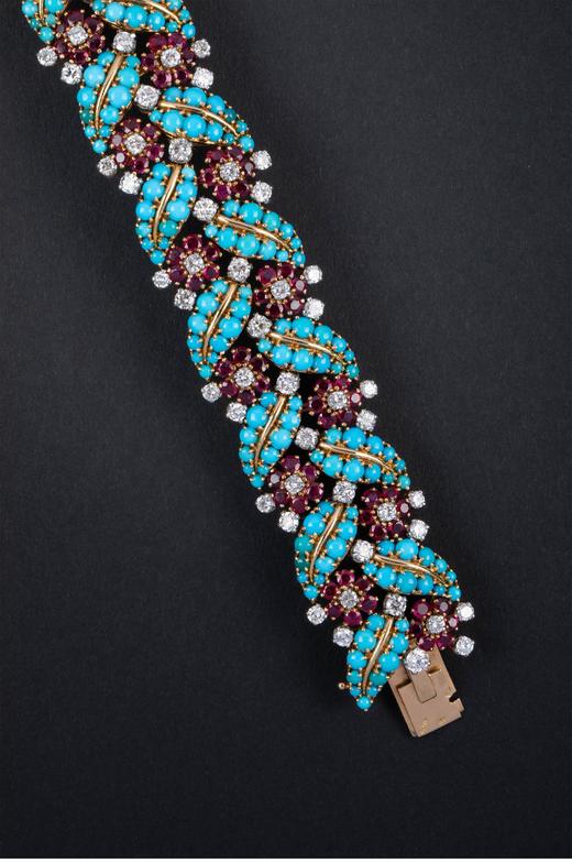 独角鹿西洋古董1960年代法国出品「花叶」造型18K黄金铂金镶嵌绿松石钻石及红宝石手镯 商品图3