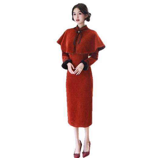 GX红色旗袍女新中式2025新款订婚敬酒服冬季长袖日常两件套旗袍披肩 商品图4
