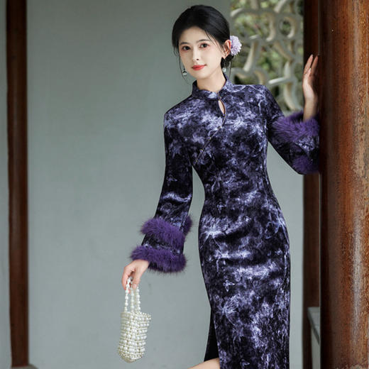 冬季厚款紫色丝绒长袖，改良旗袍高级感新中式GX-8864 商品图2
