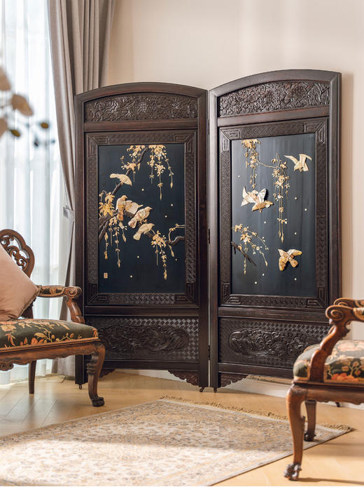 【已售】独角鹿西洋古董19世纪末日本明治时期出品实木精雕传统花鸟主题芝山镶嵌两曲屏风 商品图0