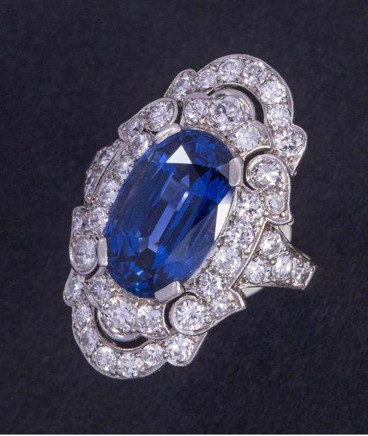 独角鹿西洋古董1920年代美国新艺术时期出品铂金镶嵌钻石及缅甸无烧蓝宝石戒指 商品图4