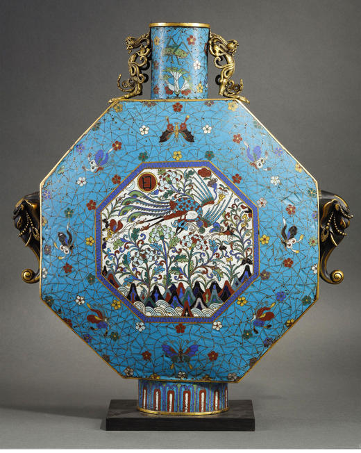 独角鹿西洋古董18世纪清嘉庆时期出品「丹凤朝阳」主题瑞兽造型纹饰掐丝珐琅八方瓶一对 商品图1