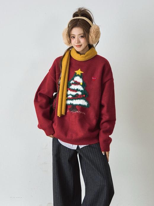 D112572圣诞树图案宽松oversize圆领毛衣针织衫 商品图0