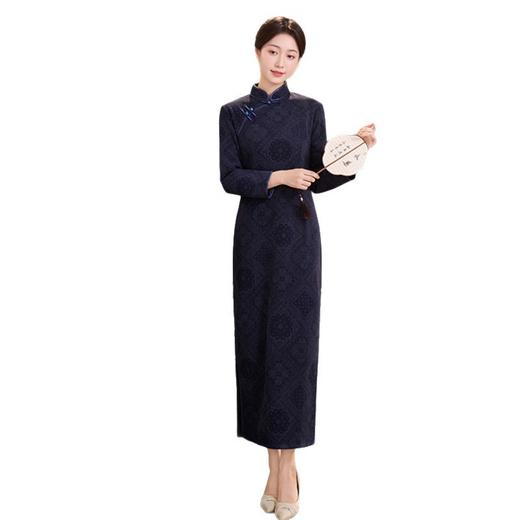 GX雪尼尔印花加绒长袖旗袍2025冬季新款复古国风大码旗袍 商品图4