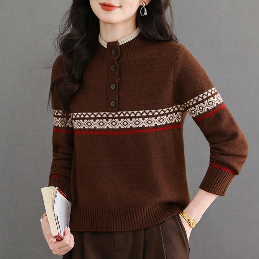 CC秋冬新款半高领多纽扣针织衫女保暖撞色条纹毛衣洋气百搭打底衫 商品图2