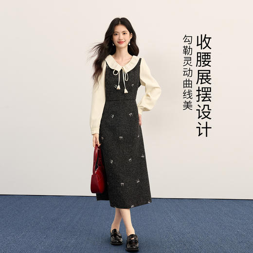 【11/26新品】熙世界千金小香风刺绣蝴蝶结连衣裙女2025秋冬新款收腰假两件裙子 商品图2