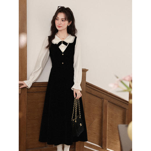 鹿向南「茉莉甜茶」法式假两件黑色衬衫连衣裙女秋冬修身A字长裙 商品图1
