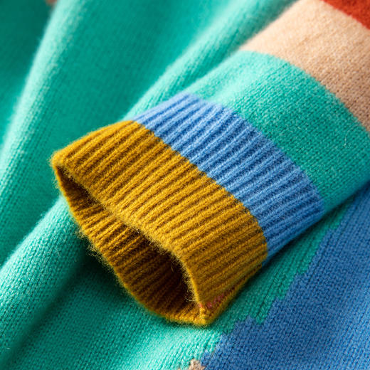 多巴胺配色~100纯山羊绒衫女时尚拼色提花圆领套头长袖上衣 商品图4