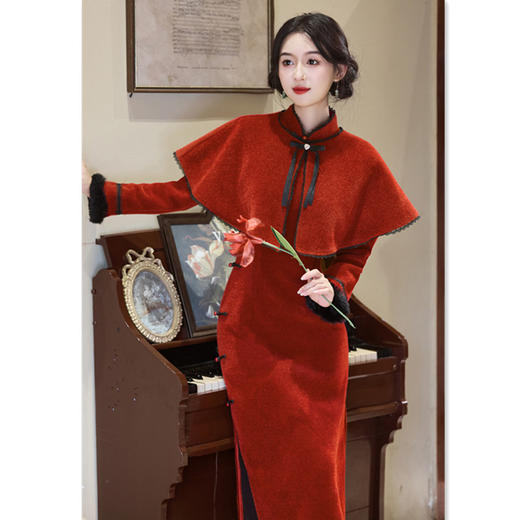 GX红色旗袍女新中式2025新款订婚敬酒服冬季长袖日常两件套旗袍披肩 商品图2