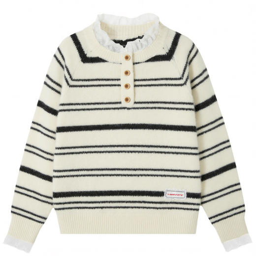 CC慵懒风蕾丝边圆领条纹毛衣女秋冬软糯内搭宽松套头针织衫打底上衣 商品图4