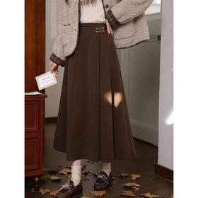 鹿向南「棕夜圆舞曲」复古高腰咖色百褶半身裙女秋冬显瘦A字长裙