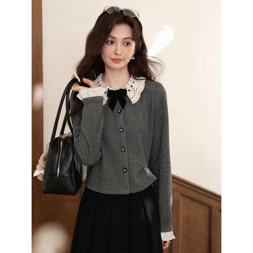 鹿向南「薄暮灰铃」灰色针织开衫毛衣女秋小众设计感修身法式上衣 商品图3