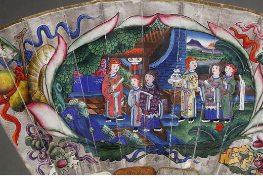 【已售】独角鹿西洋古董清代晚期十三行出品珍贵材质混合扇骨双面绘贴面人物纹折扇 商品图4