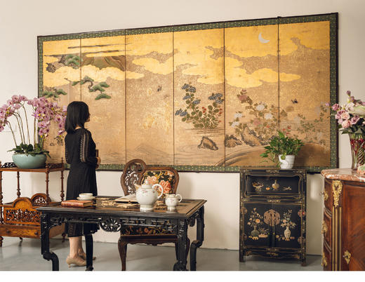 【已售】独角鹿西洋古董19世纪末日本明治时期出品「月下秋容」主题纸本金地六曲屏风 商品图1